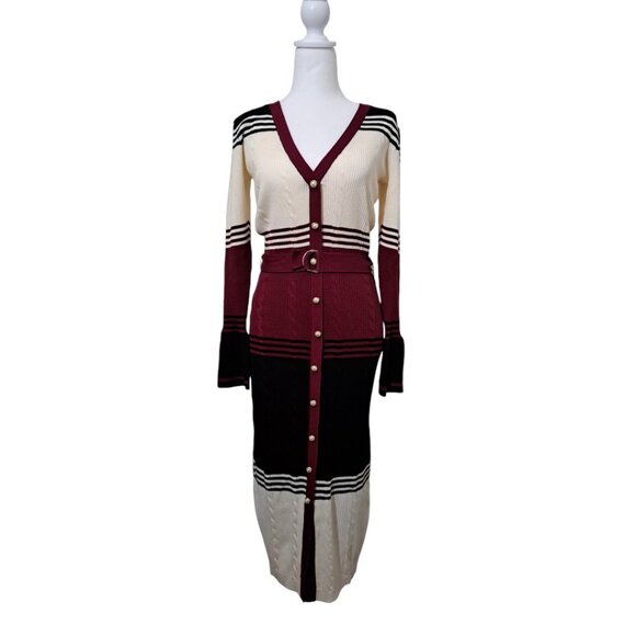 Ashley Stewart Belted Striped Sweater Dress Burgundy/Black Size 10 NWT - Picture 3 of 14